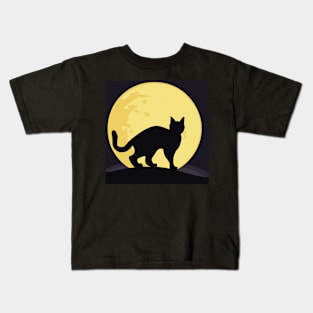 Black cat at night yellow full moon Kids T-Shirt